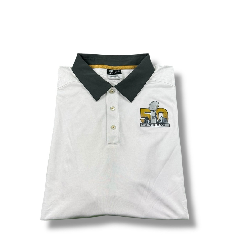 Nike Dri-Fit NFL Super Bowl 50 White/Gray/Gold Polo Shirt Mens 2XL EUC Broncos